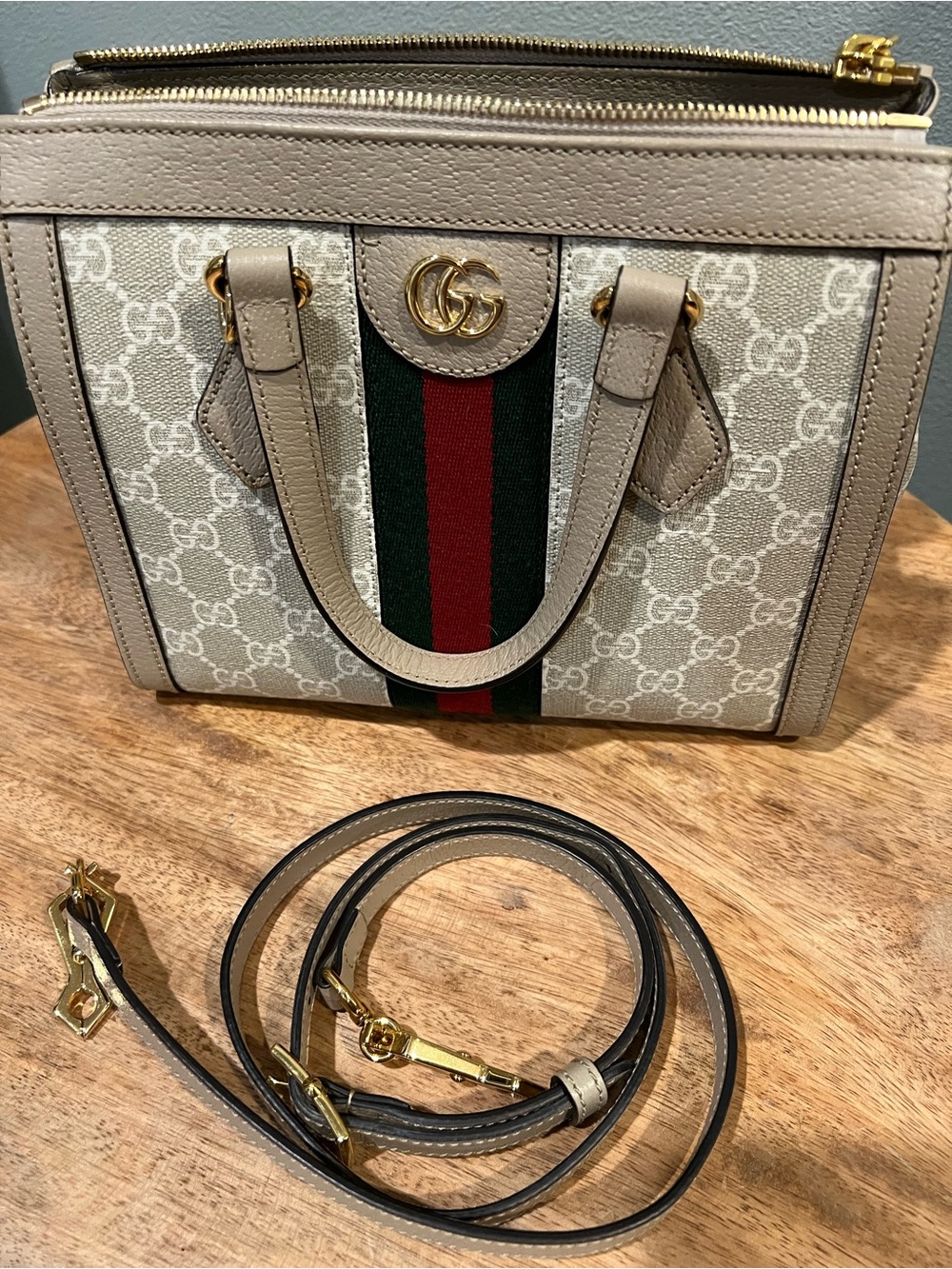 Gucci Beige GG Supreme Top Handle Satchel with Green-Red Web Stripe